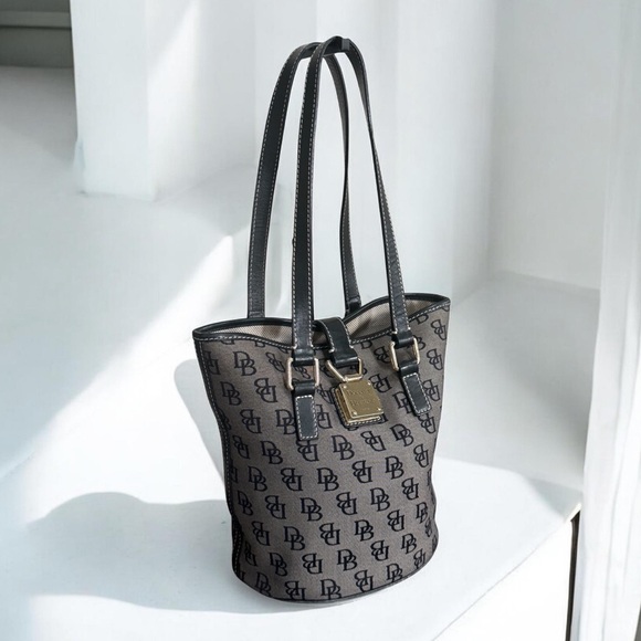 Authentic Dooney & Bourke Monogram Black Grey Bucket Bag - Picture 2 of 14